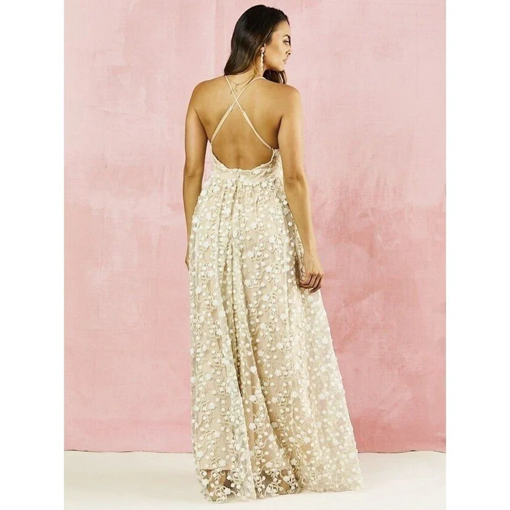 Altar'd State Dress Sz S Blush Tan Formal Floral Lace Overlay‎ V-Neck Long Maxi - Picture 2 of 16